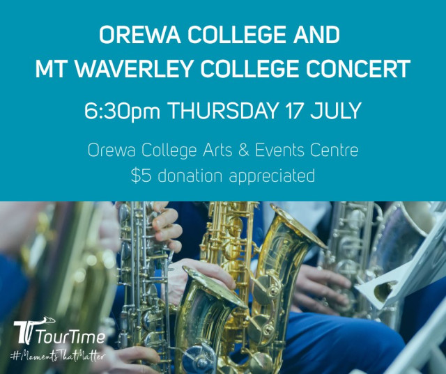 Orewa College is delighted to be hosting Mt Waverley College from Melbourne for a concert this coming Thursday 17 July!

Join the Orewa College Bands, the Hibiscus Coast Community Concert Band and the Mount Waverley Concert Band and Stage Band for an epic night of music.

6:30pm Thursday 17 July
Orewa College Arts & Events Centre
$5 donation appreciated

We look forward to seeing you there!

#musictour #concert #bands #concertband #musictourspecialists #bringyourfriends #grouptourspecialist #TravelWithTourTime #TrustedTravelPartner #MomentsThatMatter #StudentTravelMatters #GroupTravel