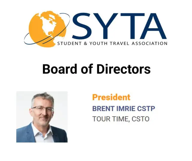 🌟 It's official! 🌟

Brent Imrie, Managing Director of Tour Time and Chair of theSchool Travel Collective , has been elected President of SYTA: Student and Youth Travel Association - the global voice for student and youth travel.
Brent has served on the SYTA Board of Directors for the past three years - including one year as Vice President - and officially stepped into the one-year presidency in this week following SYTA’s Annual Conference in Savannah, Georgia. After his presidency, he will serve a further year as Immediate Past President, ensuring continuity and strategic oversight.

“As President of SYTA, my focus will be on advancing health & safety, financial security, and meaningful experiences in youth travel,” Brent says. “For schools, that means greater confidence in sending students overseas - knowing they are protected, supported, and engaged in life-changing journeys.”

Congratulations Brent, we know you'll do an amazing job!

#IndustryLeader #SYTAConference2025  #GroupTravelSpecialist #SchoolTravelExperts #WhySchoolsChooseUs #trustedtourpartner #SchoolTours #NextLevelTravel #EducationalTravel #HealthAndSafety #EducationBeyondTheClassroom #TravelTransforms #TourTimeExperts
