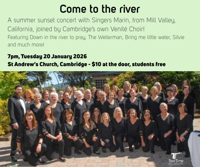 If you're in the Cambridge area on Tuesday 20th January, be sure to join us at 7pm, at St Andrew's Church to hear a stellar concert by Singers Marin from California, and Cambridge's own Venité Choir!
Tickets are just $10 at the door, and students are free, so bring the whole family!
7pm, Tuesday 20 January 2026, St Andrew's Church, 85 Hamilton Rd, Cambridge.

#choirconcert #choralconcert #choirtour #visitingchoir #musictours #choraltours #nztours